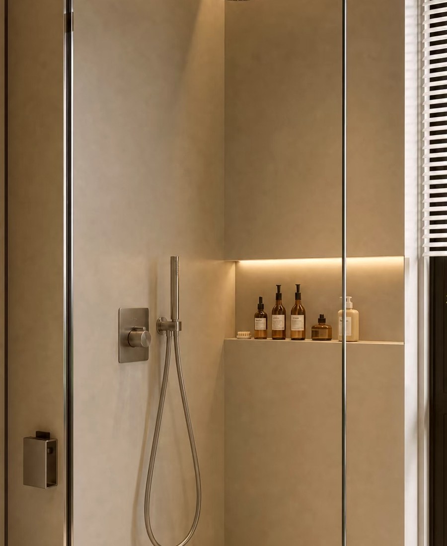 Seamless microcement bathroom, floor to ceiling